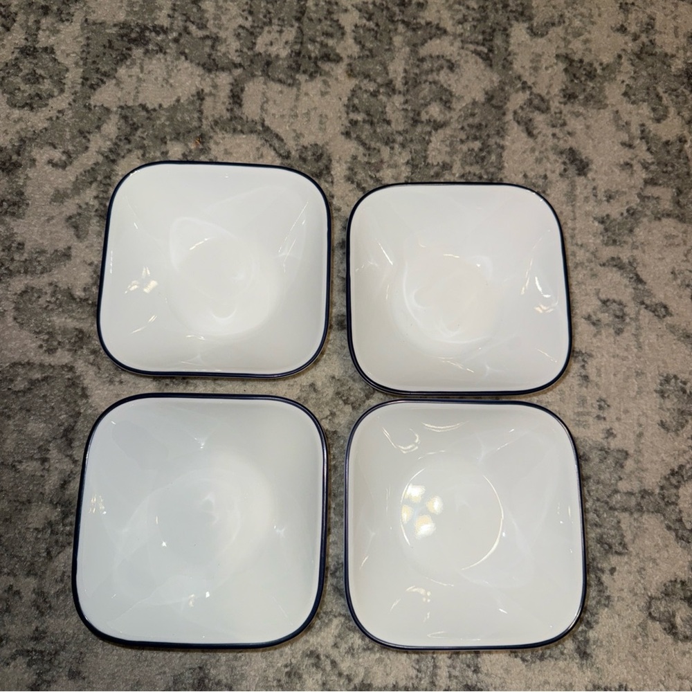 White Square Bowls with Blue Edges Corelle